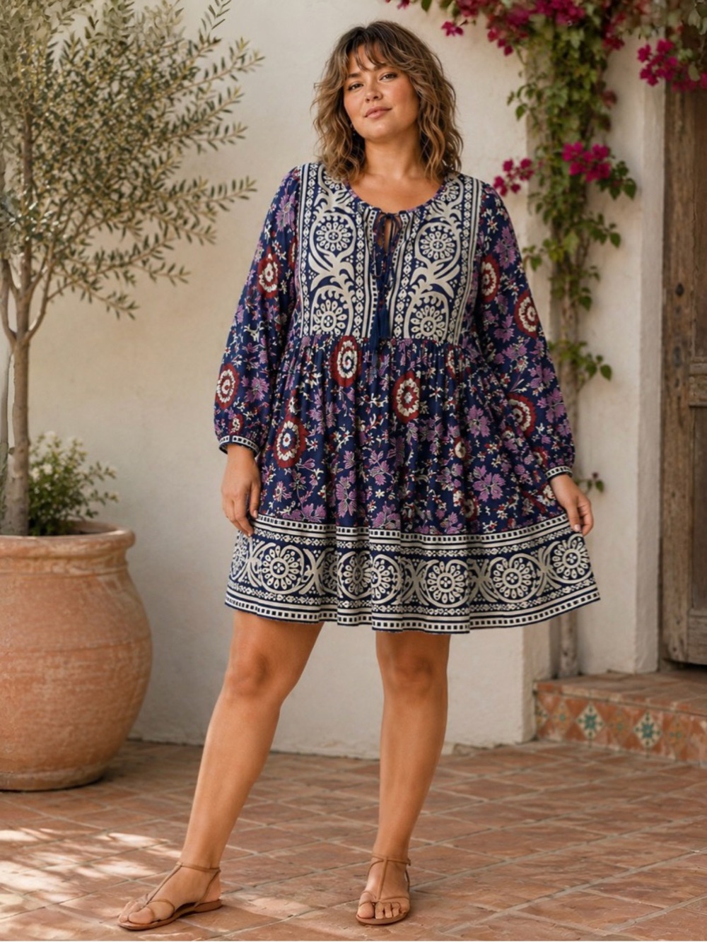 NATURAL LIFE Navy, Cream and Burgundy Floral Boho Mini Dress